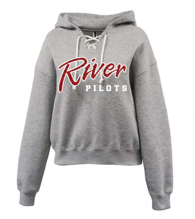 River Youth Football - Pennant Grey Womens Lace-Up Hoodie (mid-body length) - Glitter Applique