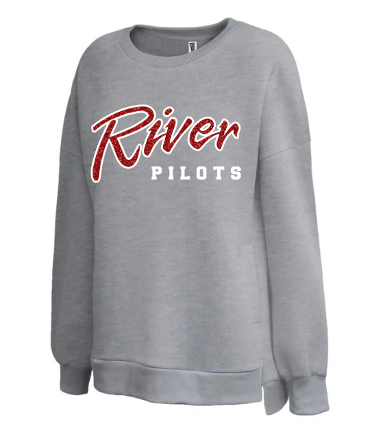 River Youth Football - Pennant Grey Womens Drop-Tail Crew - Glitter Applique