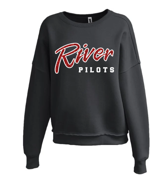River Youth Football - Pennant Washed Black Womens Raw Edge Crew - Glitter Applique