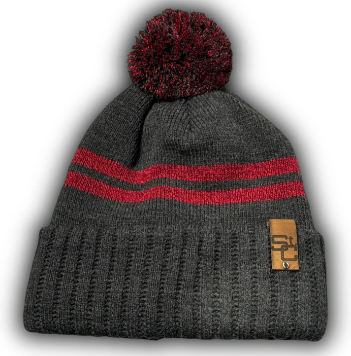 STC - Cuff Pom Beanie - Richardson 135 - Heather Cardinal - Block STC Leather Patch